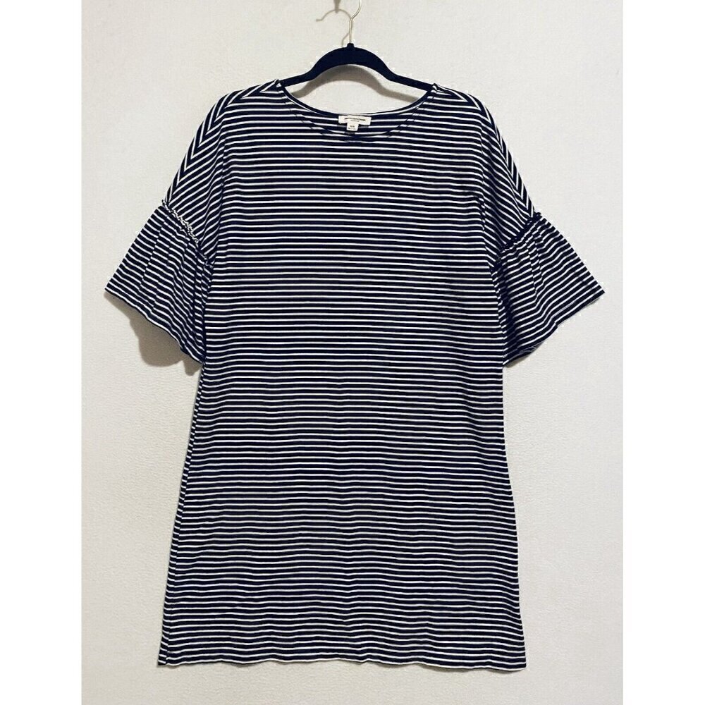 Beach Lunch Lounge Dress Womens Medium Navy Blue Striped Ruffle Sleeve Jersey